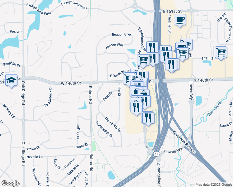 map of restaurants, bars, coffee shops, grocery stores, and more near 210 John Street in Carmel