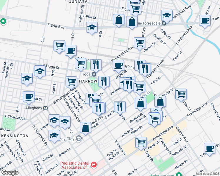 map of restaurants, bars, coffee shops, grocery stores, and more near 1925 Clarence Street in Philadelphia