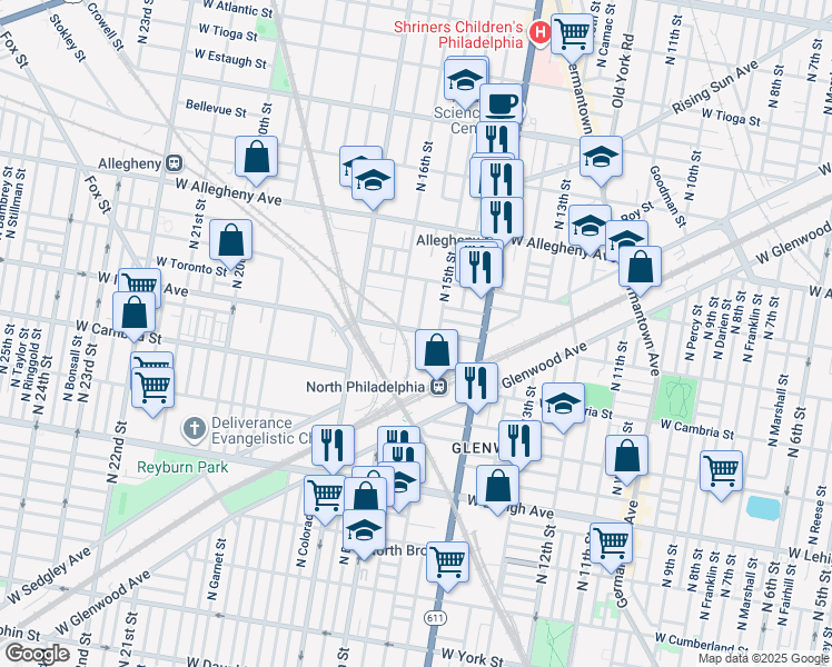 map of restaurants, bars, coffee shops, grocery stores, and more near 2964 North Sydenham Street in Philadelphia