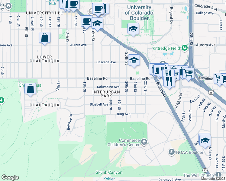 map of restaurants, bars, coffee shops, grocery stores, and more near 1740 Columbine Avenue in Boulder