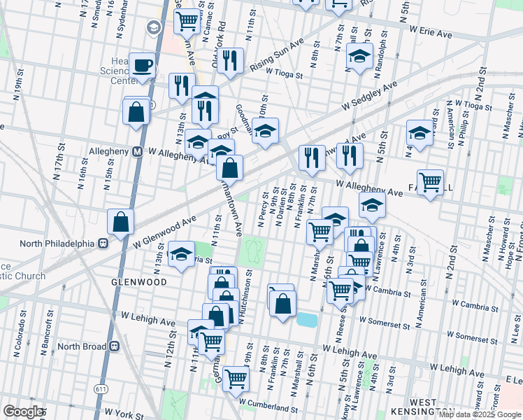 map of restaurants, bars, coffee shops, grocery stores, and more near 3060 North Percy Street in Philadelphia