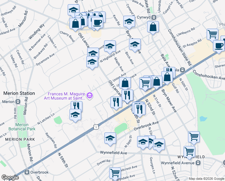 map of restaurants, bars, coffee shops, grocery stores, and more near 40 Old Lancaster Road in Merion Station