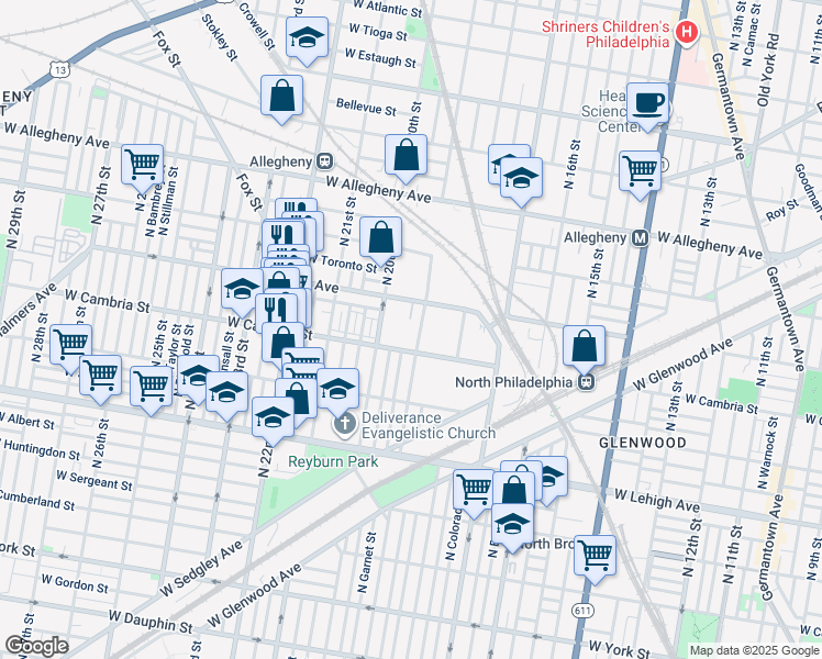 map of restaurants, bars, coffee shops, grocery stores, and more near 2930 North 19th Street in Philadelphia
