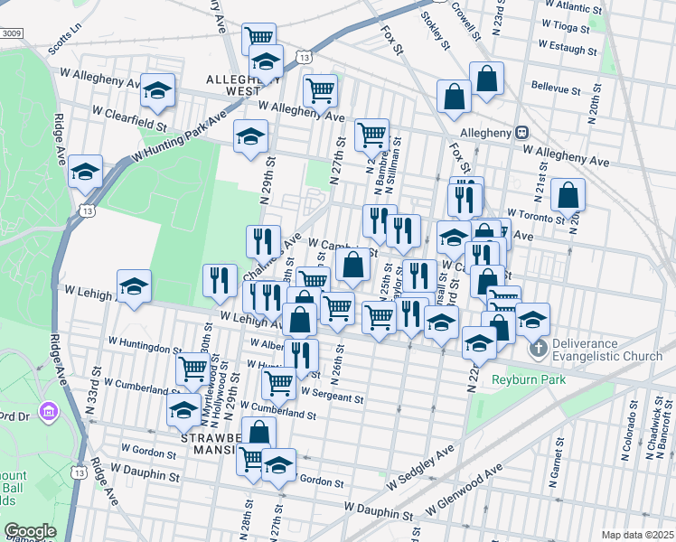 map of restaurants, bars, coffee shops, grocery stores, and more near 2826 North Bailey Street in Philadelphia