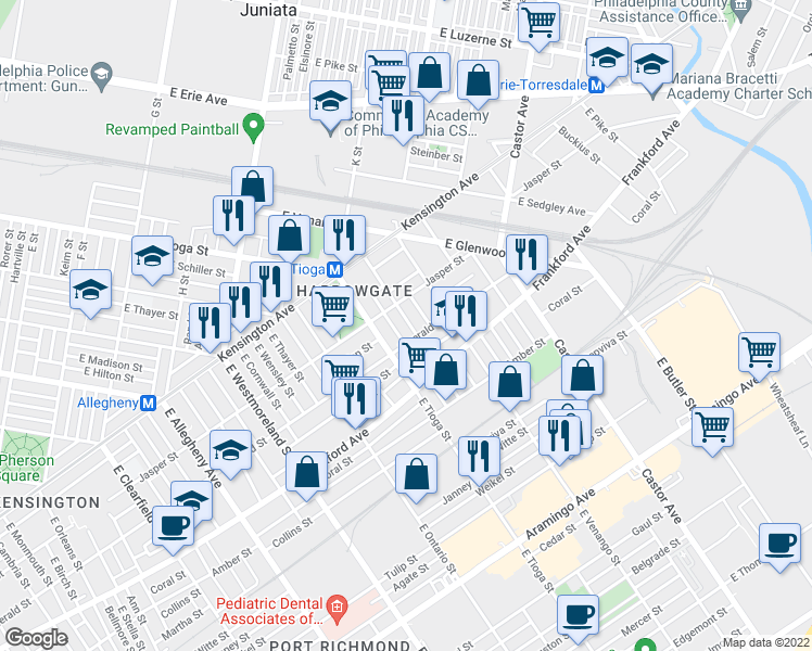 map of restaurants, bars, coffee shops, grocery stores, and more near 1930 East Atlantic Street in Philadelphia