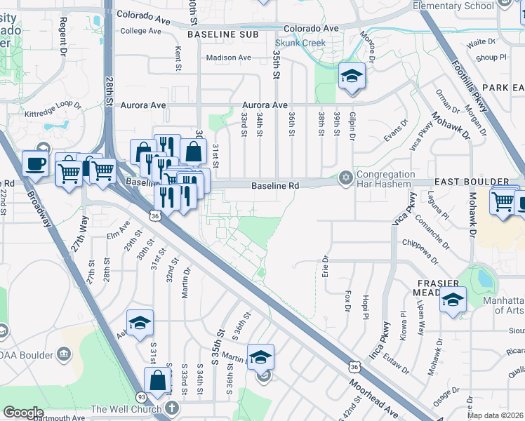 map of restaurants, bars, coffee shops, grocery stores, and more near 3400 Baseline Road in Boulder