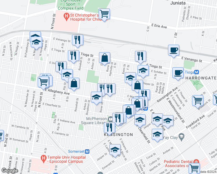 map of restaurants, bars, coffee shops, grocery stores, and more near 536 East Westmoreland Street in Philadelphia