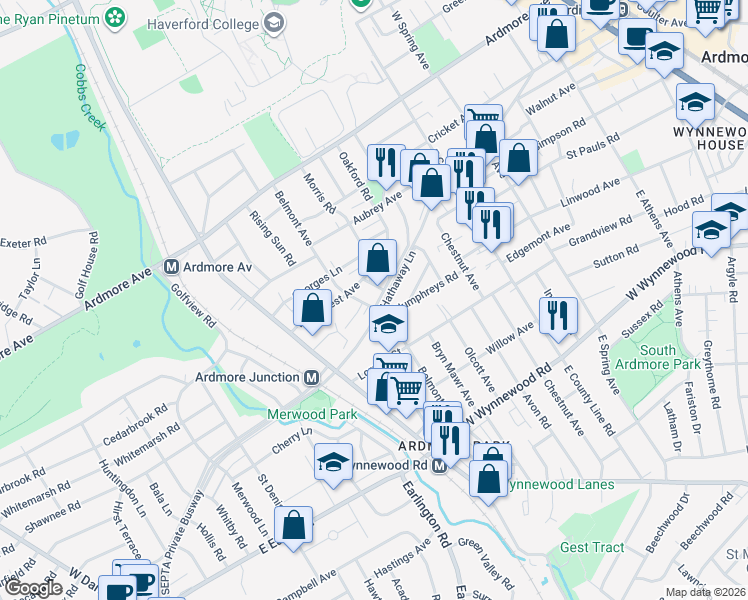 map of restaurants, bars, coffee shops, grocery stores, and more near 684 Pont Reading Road in Ardmore