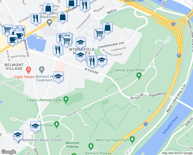 map of restaurants, bars, coffee shops, grocery stores, and more near 3900 West Ford Road in Philadelphia