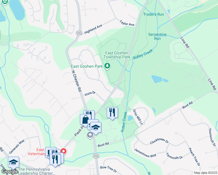 map of restaurants, bars, coffee shops, grocery stores, and more near 901 Monte Vista Drive in West Chester