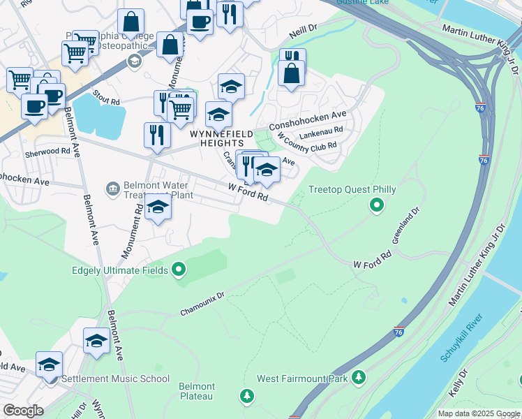 map of restaurants, bars, coffee shops, grocery stores, and more near 3900 West Ford Road in Philadelphia