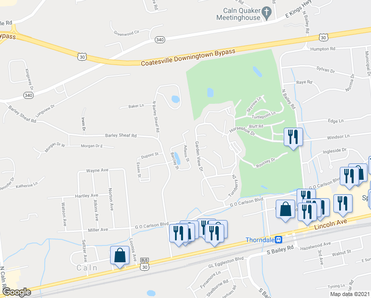 map of restaurants, bars, coffee shops, grocery stores, and more near 398 Adams Street in Coatesville