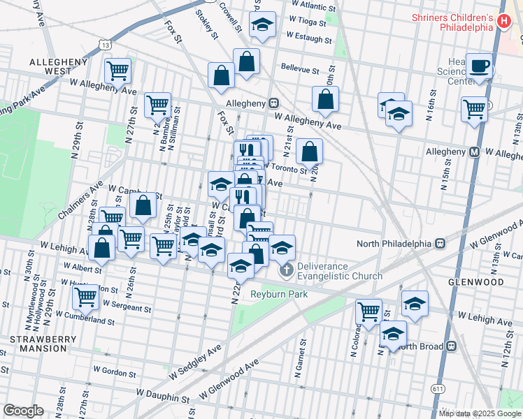map of restaurants, bars, coffee shops, grocery stores, and more near 2127 West Cambria Street in Philadelphia