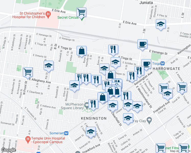 map of restaurants, bars, coffee shops, grocery stores, and more near 645 East Westmoreland Street in Philadelphia