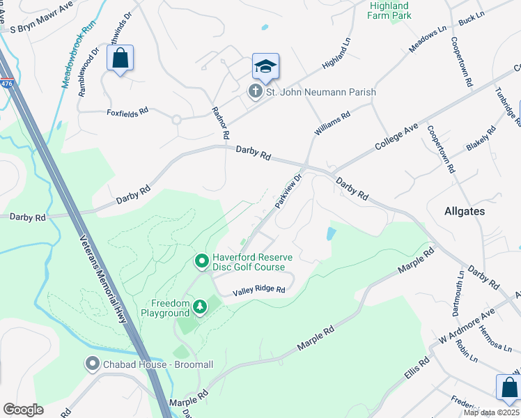 map of restaurants, bars, coffee shops, grocery stores, and more near 2401 Parkview Drive in Haverford
