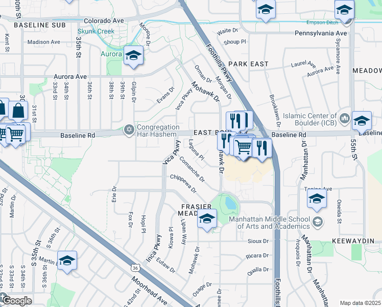 map of restaurants, bars, coffee shops, grocery stores, and more near 4475 Laguna Place in Boulder