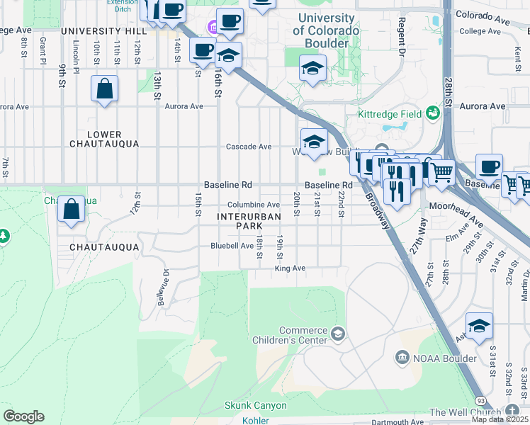 map of restaurants, bars, coffee shops, grocery stores, and more near 1740 Columbine Avenue in Boulder