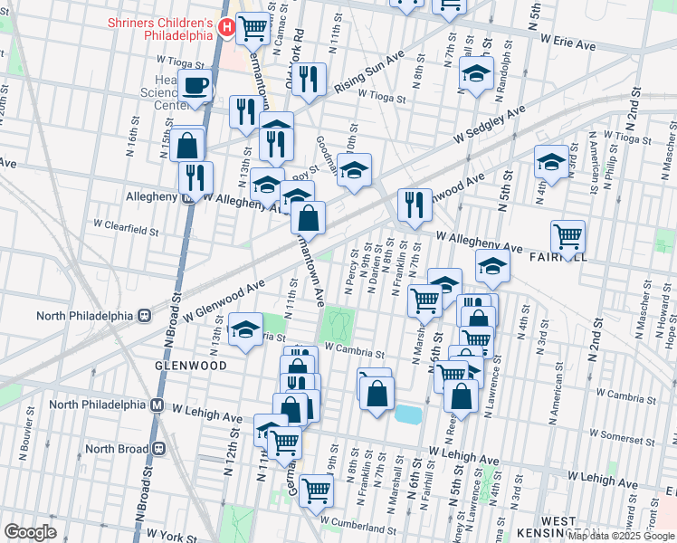 map of restaurants, bars, coffee shops, grocery stores, and more near 3068 North Percy Street in Philadelphia