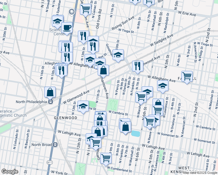 map of restaurants, bars, coffee shops, grocery stores, and more near 3061 Germantown Avenue in Philadelphia