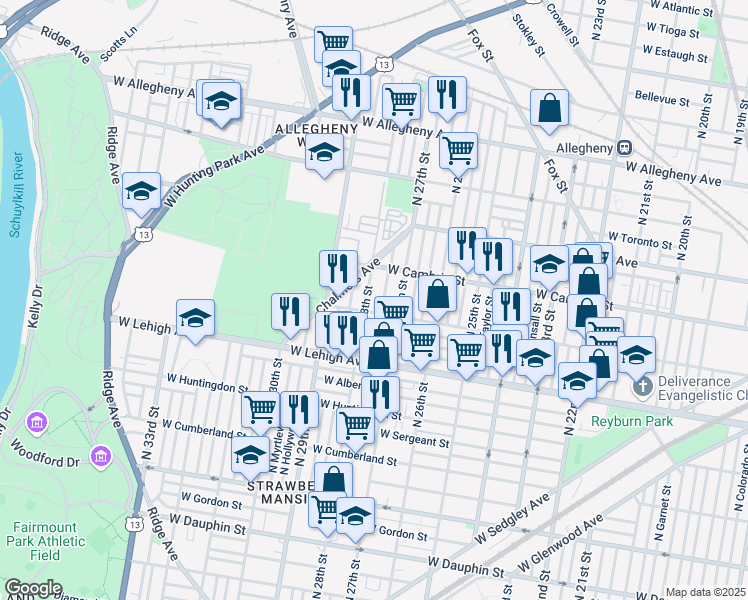 map of restaurants, bars, coffee shops, grocery stores, and more near 2827 North Marston Street in Philadelphia