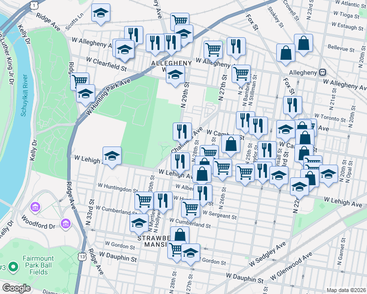 map of restaurants, bars, coffee shops, grocery stores, and more near 2821 North Newkirk Street in Philadelphia