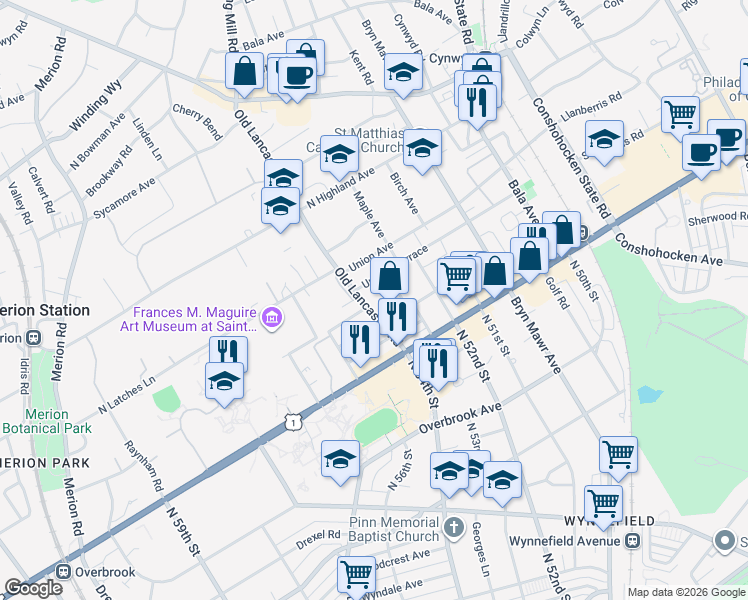map of restaurants, bars, coffee shops, grocery stores, and more near 33 Old Lancaster Road in Bala Cynwyd