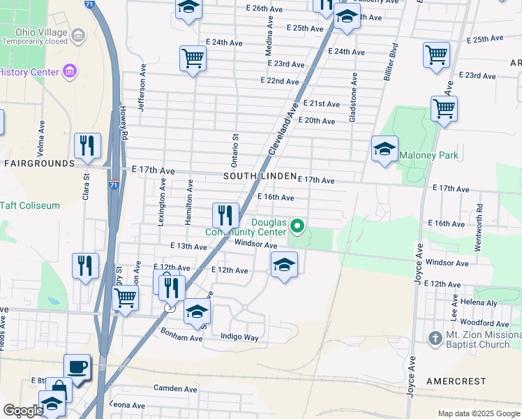map of restaurants, bars, coffee shops, grocery stores, and more near 1193 East 16th Avenue in Columbus
