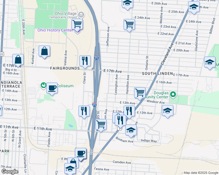 map of restaurants, bars, coffee shops, grocery stores, and more near 1669 Jefferson Avenue in Columbus