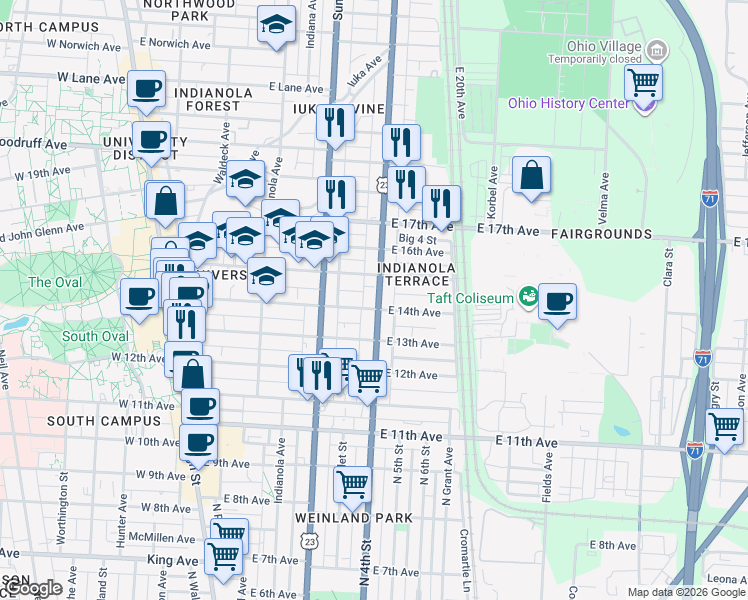 map of restaurants, bars, coffee shops, grocery stores, and more near 1749 North 4th Street in Columbus