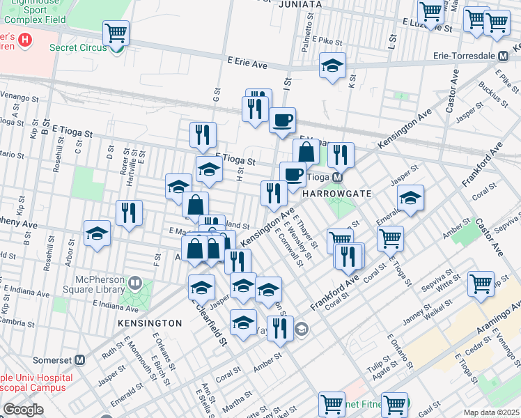 map of restaurants, bars, coffee shops, grocery stores, and more near 3345 Malta Street in Philadelphia