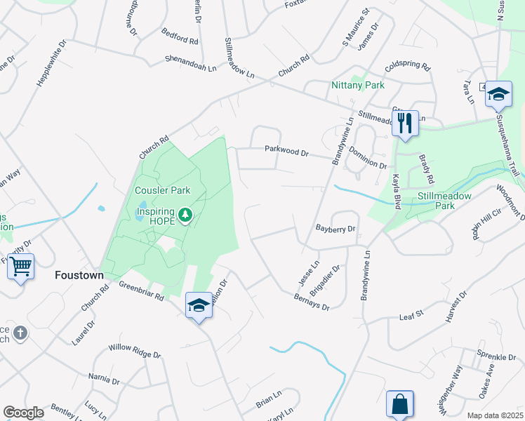 map of restaurants, bars, coffee shops, grocery stores, and more near 2027 Bernays Drive in York