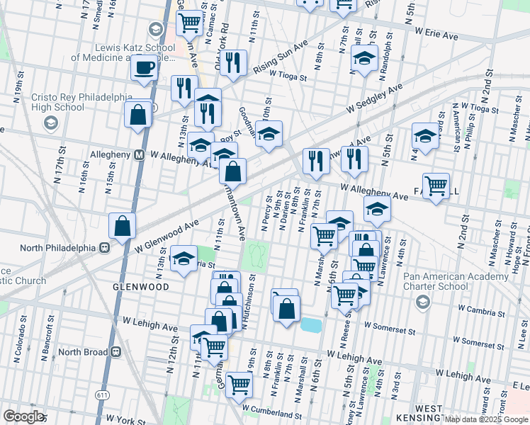 map of restaurants, bars, coffee shops, grocery stores, and more near 3062 North Percy Street in Philadelphia