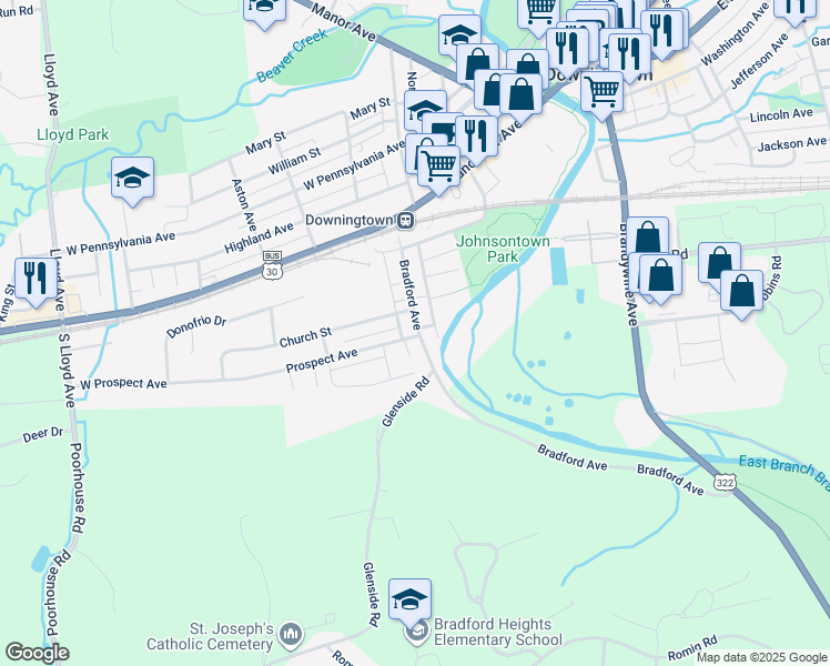 map of restaurants, bars, coffee shops, grocery stores, and more near 222 Bradford Avenue in Downingtown