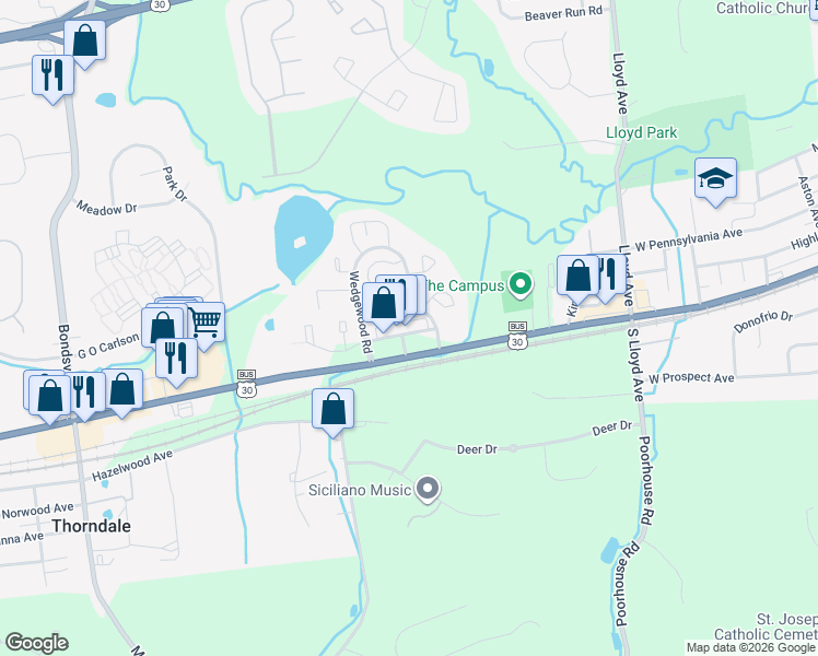 map of restaurants, bars, coffee shops, grocery stores, and more near 4319 Lincoln Highway East in Downingtown