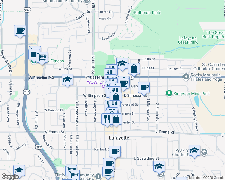 map of restaurants, bars, coffee shops, grocery stores, and more near 123 North Harrison Avenue in Lafayette