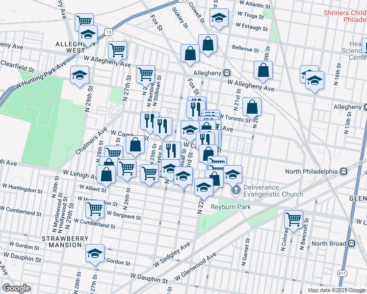 map of restaurants, bars, coffee shops, grocery stores, and more near 2858 North Bonsall Street in Philadelphia