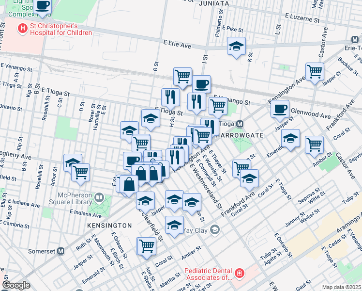 map of restaurants, bars, coffee shops, grocery stores, and more near 3343 Argyle Street in Philadelphia