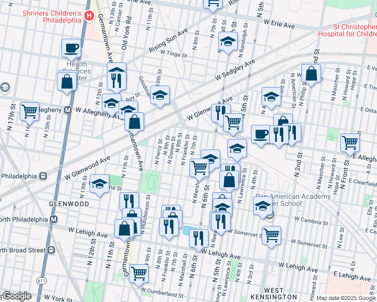 map of restaurants, bars, coffee shops, grocery stores, and more near 711 West Clearfield Street in Philadelphia