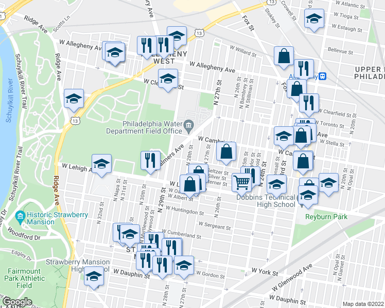 map of restaurants, bars, coffee shops, grocery stores, and more near 2815 North 28th Street in Philadelphia