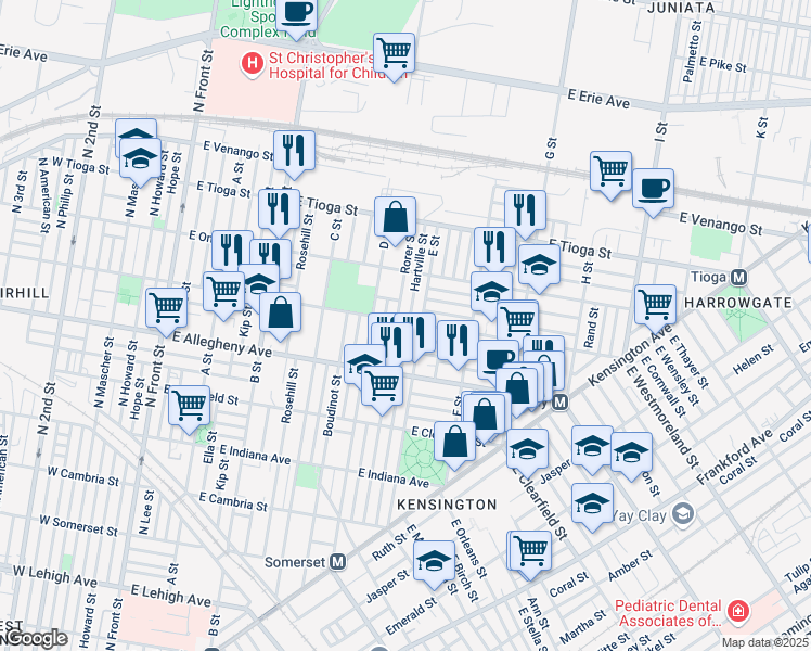 map of restaurants, bars, coffee shops, grocery stores, and more near 3258 Hartville Street in Philadelphia