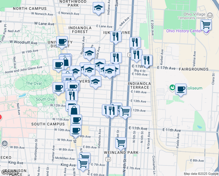 map of restaurants, bars, coffee shops, grocery stores, and more near 1770 Summit Street in Columbus