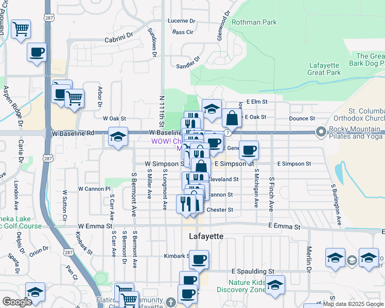 map of restaurants, bars, coffee shops, grocery stores, and more near 112 West Geneseo Street in Lafayette