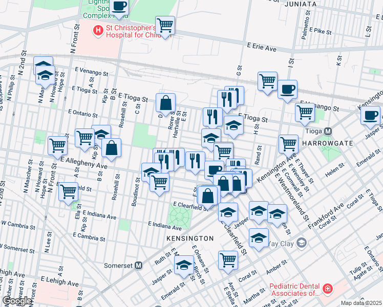 map of restaurants, bars, coffee shops, grocery stores, and more near 639 East Westmoreland Street in Philadelphia