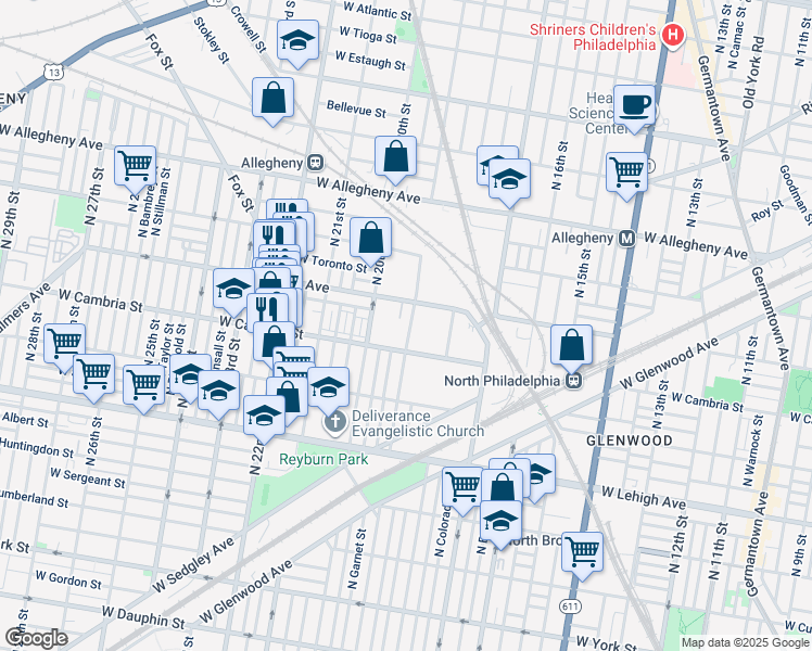 map of restaurants, bars, coffee shops, grocery stores, and more near 2930 North 19th Street in Philadelphia