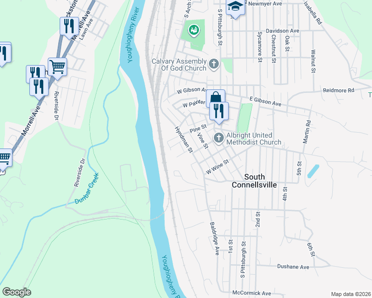 map of restaurants, bars, coffee shops, grocery stores, and more near 1620 Hyndman Street in Connellsville