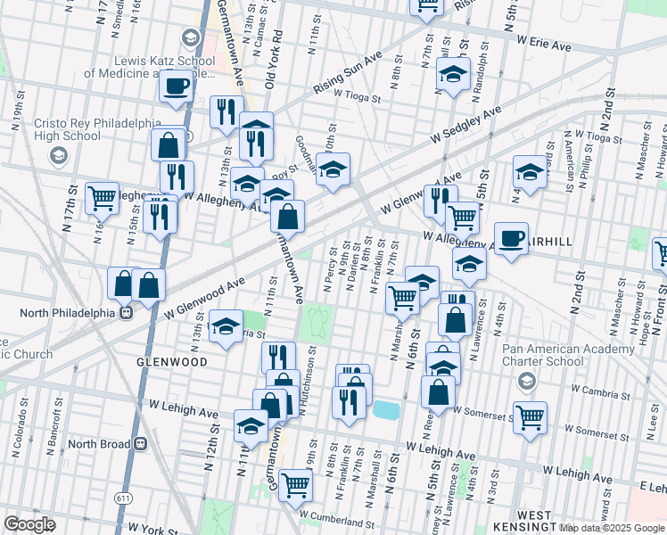 map of restaurants, bars, coffee shops, grocery stores, and more near 3065 North Percy Street in Philadelphia