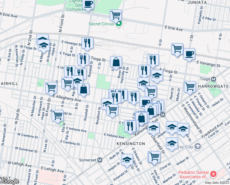 map of restaurants, bars, coffee shops, grocery stores, and more near 520 East Westmoreland Street in Philadelphia