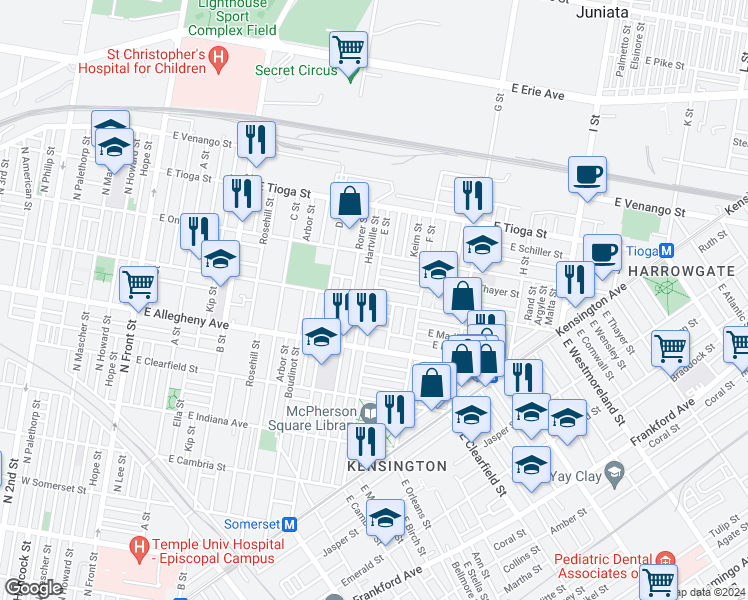 map of restaurants, bars, coffee shops, grocery stores, and more near E Westmoreland St & E St in Philadelphia