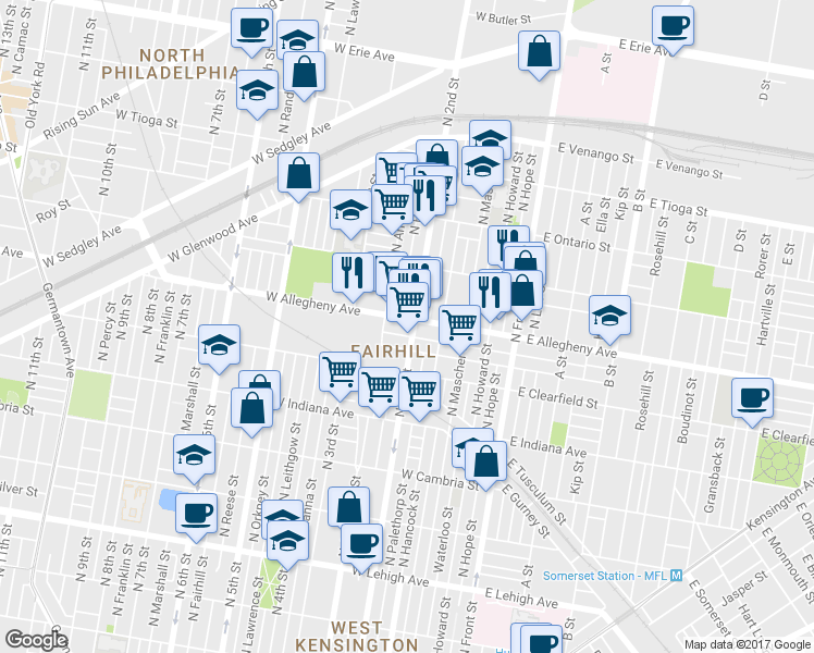 map of restaurants, bars, coffee shops, grocery stores, and more near 204 West Allegheny Avenue in Philadelphia