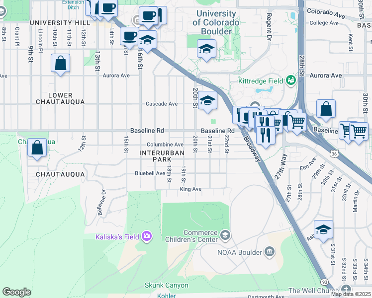 map of restaurants, bars, coffee shops, grocery stores, and more near 1904 Columbine Avenue in Boulder